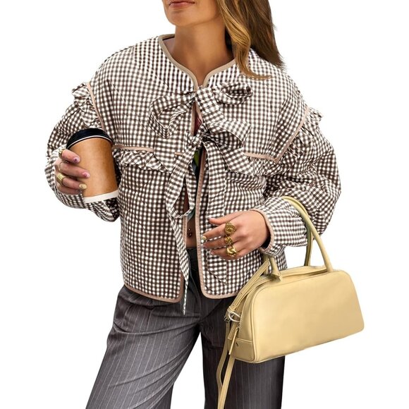 Women’s Brown Plaid Quilted Cropped Jacket Tie Front Ruffled Puffer Coat - Picture 1 of 5